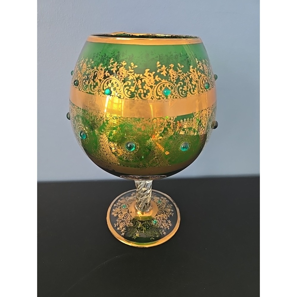 Empoli Green Gold Art Glass jewels Italian wine centerpiece‎ goblet Vase Chalice